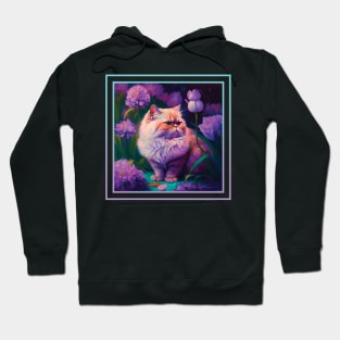 Smol Persian Cat Vibrant Tropical Flower Digital Oil Painting Portrait Hoodie